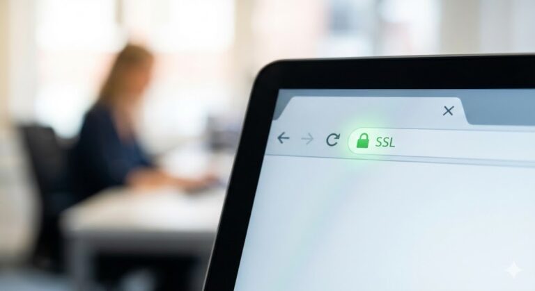 Custo de Criptografia e Certificados SSL/TLS: Ícone de cadeado de segurança na barra de endereço do navegador indicando proteção HTTPS.