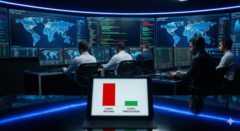 Consultoria de SOC 24x7: Analistas monitorando ameaças em um Security Operations Center moderno.