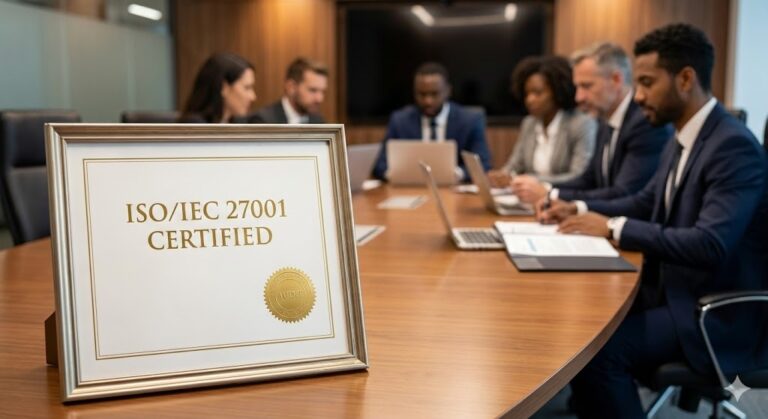 Consultoria para Certificação ISO 27001: Certificado oficial de segurança da informação sobre mesa corporativa.