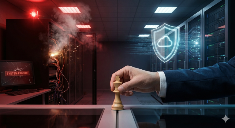 Consultoria de Plano de Recuperação de Desastres: Representação visual da recuperação de dados via nuvem após falha crítica.